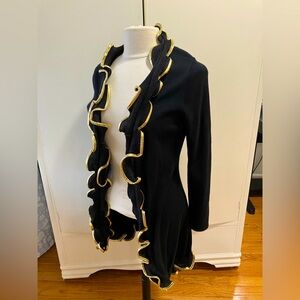 Jack B. Quick Black Holiday Ruffle Cardigan with Gold Metallic Trim – Size S